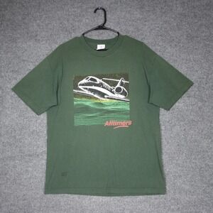 Vintage T Shirt Men Large Green Jet Plane Graphic Print Short Sleeve Cotton